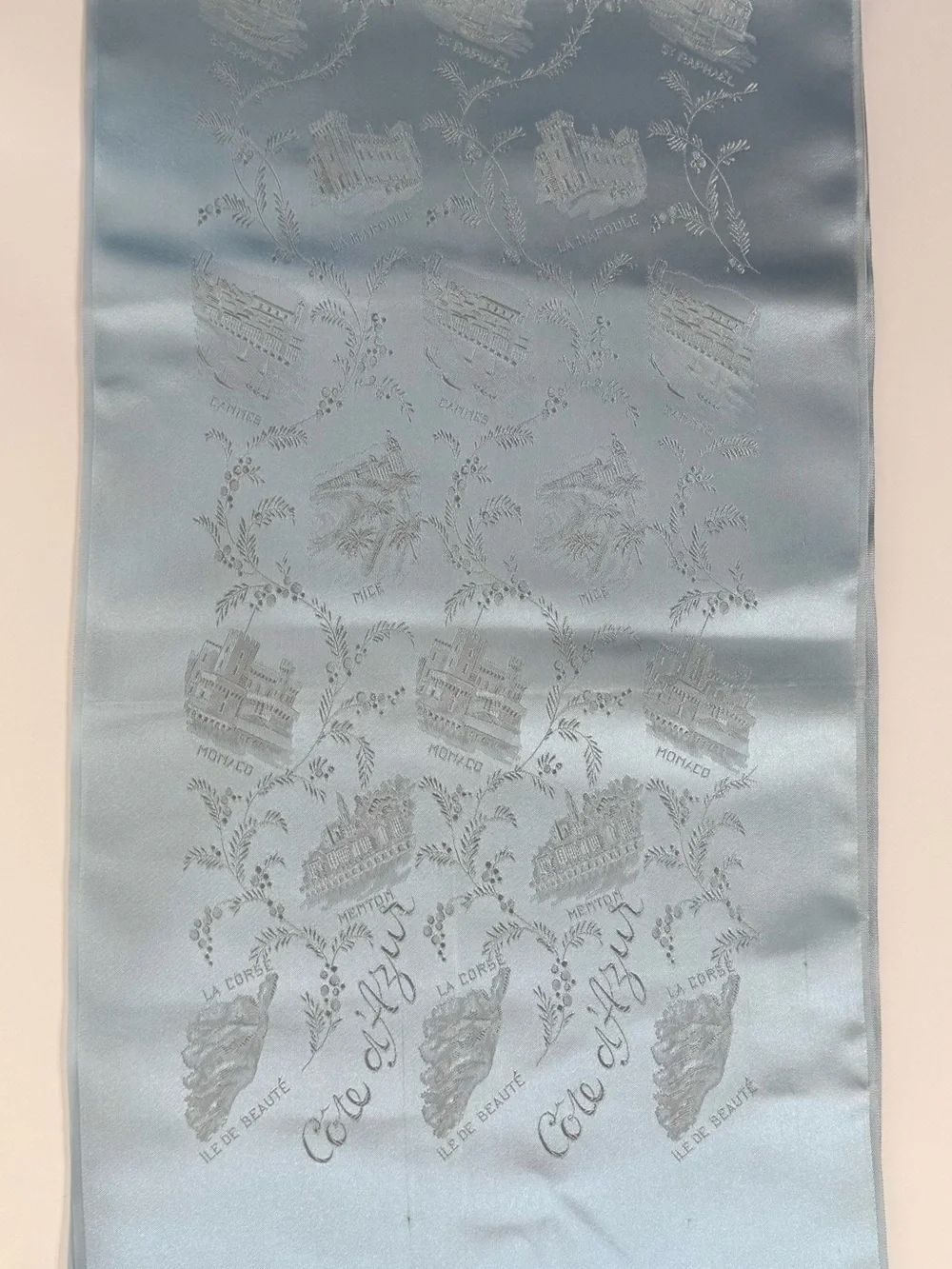Vintage Cote de A'zur France French Blue scarf -Script, buildings- 12x46